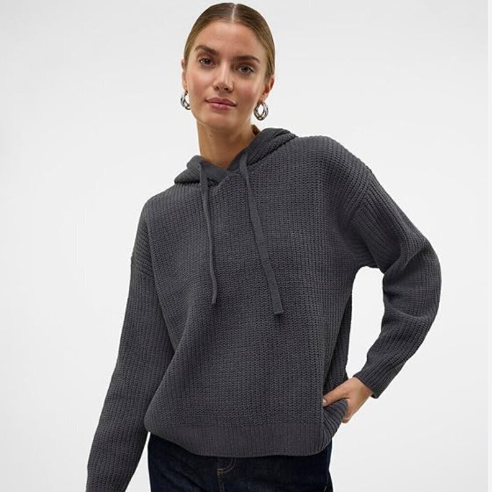 Aerie Oversized Chunky Knit Hoodie Drop Shoulder Size Large Dark Gray